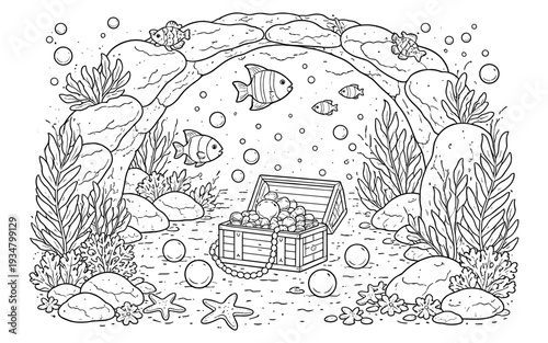 Underwater treasure chest overflowing with pearls and surrounded by fish and starfish