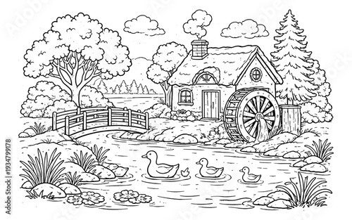 Charming cartoon illustration of a watermill house with ducks swimming in a pond and a wooden bridge