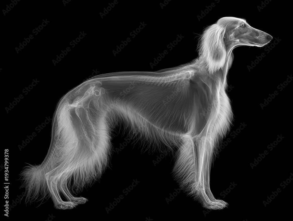 Obraz premium X-ray image of a greyhound, depicted in profile view against black background Every bone structure visible, with artistic manipulation adding depth and intrigue - AI-Generated