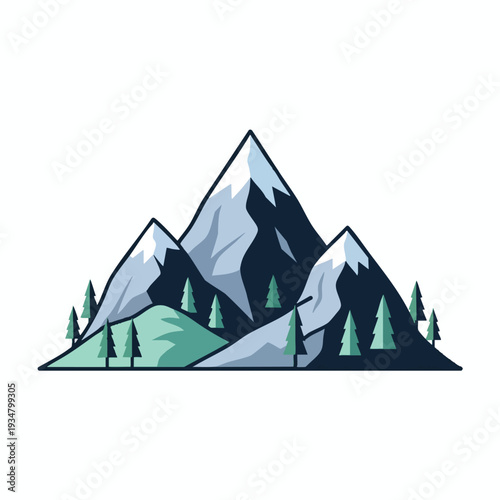 Serene Mountain Landscape with Snow Capped Peaks and Trees