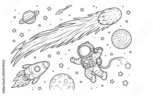 Astronaut floating in space near a comet, rocket, and planets with stars