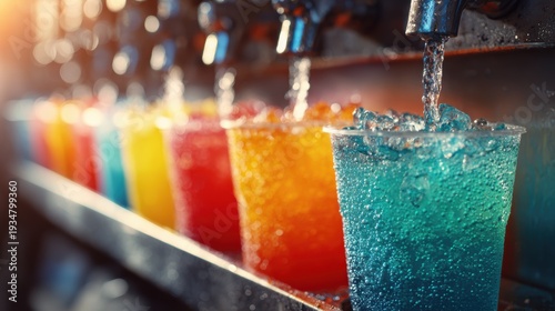 Row of colorful slushy drinks being dispensed from a soda fountain machine