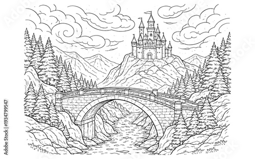 Fairytale castle on a mountain peak above a stone bridge and river in a forest