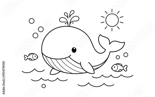Cute cartoon whale with fish and sun in the ocean, simple line art for coloring