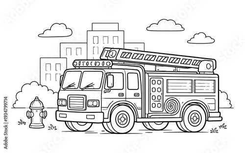 A simple line drawing of a fire truck with a ladder and city buildings in the background