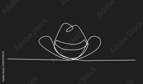 Single Continuous Line Art Drawing of a Minimalist Western Cowboy Hat on a Black Background Vector Graphic