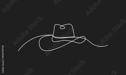 Minimalist Continuous Line Drawing of a Classic Fedora or Cowboy Hat on a Black Background