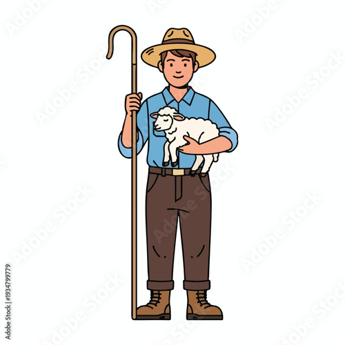 Cartoon Farmer Holding Sheep and Staff