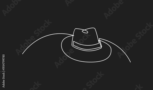 Continuous Line Drawing of a Classic Fedora Hat on a Black Background