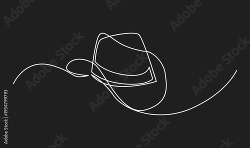 Continuous line drawing of a stylish fedora hat, minimalist one line art on a black background, elegant fashion accessory vector illustration.