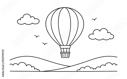 Simple line art hot air balloon floating over rolling hills and clouds with birds flying