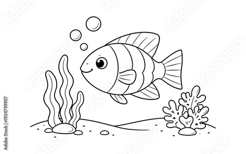 Cute cartoon fish swimming in the ocean with seaweed and coral, perfect for coloring