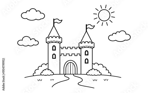 Simple line drawing of a fairytale castle with two towers, flags, clouds, and sun