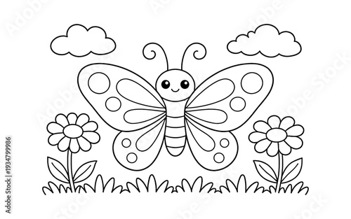 Cute cartoon butterfly with flowers and clouds, ready for coloring fun