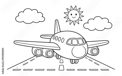 Cute cartoon airplane on runway with sun and clouds, ready for takeoff
