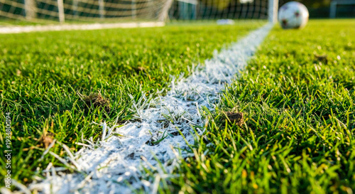 Low angle view of a white painted boundary line on a green grass football pitch with a soccer ball in the blurred background