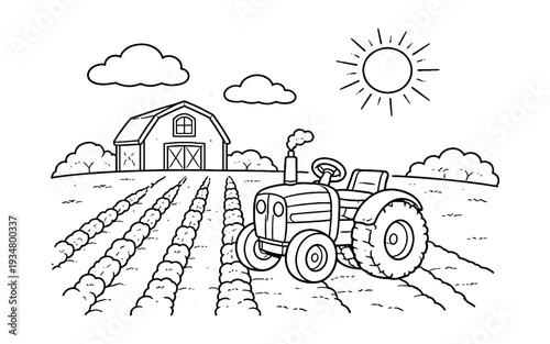 Cartoon tractor plowing a field next to a barn under a sunny sky with clouds