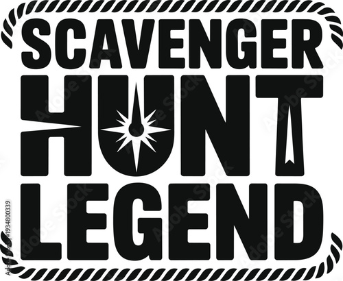 Scavenger hunt legend typography design with rope border and compass rose for outdoor adventure