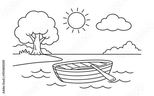 Simple line drawing of a rowboat on the water under a sunny sky with a tree