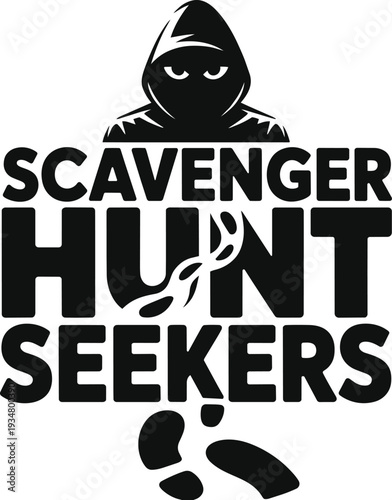 Scavenger hunt seekers with hooded figure, footprints, and question mark graphic design
