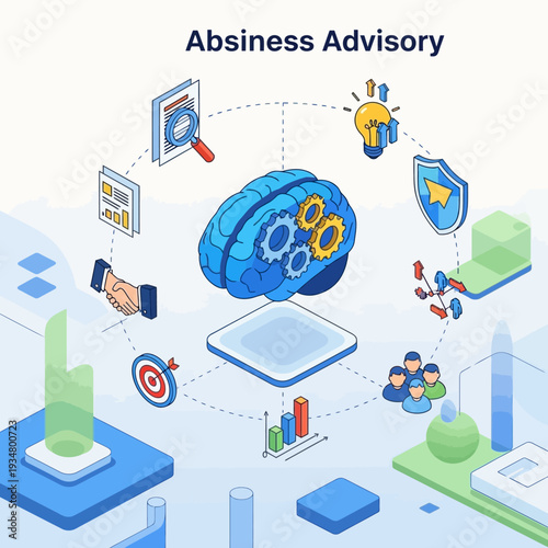 Abstract illustration of business advisory services, showcasing strategic thinking, data analysis, teamwork, and innovative solutions.