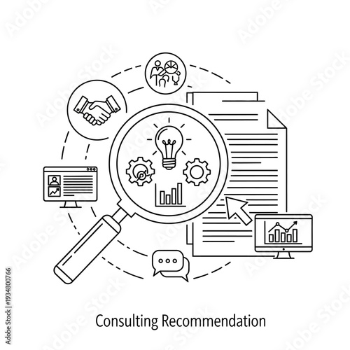 Magnifying glass over documents and charts, symbolizing consulting, analysis, and business recommendations with icons of teamwork, handshake, and lightbulb.