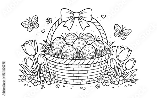 Whimsical Easter basket filled with decorated eggs, surrounded by tulips and butterflies