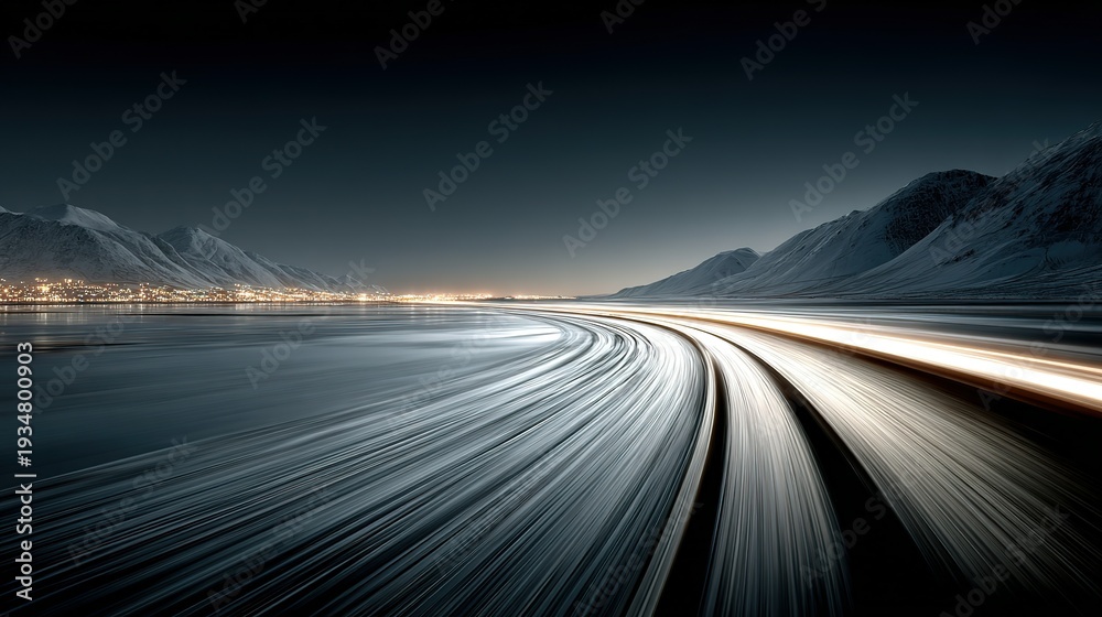 Obraz premium Long exposure showing car trails on road with coastal mountains at night