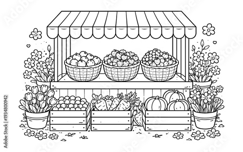 Charming black and white illustration of a vibrant farmers market stall overflowing with fresh produce