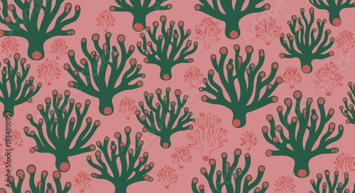 Seamless Pattern of Green Seaweed and Coral on Pink Background Vector