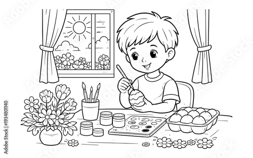 Young boy happily painting Easter eggs at a table with flowers and sunshine outside