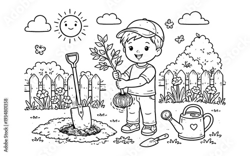 Happy boy planting a small tree in the garden on a sunny day with butterflies