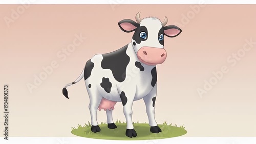 Cartoon style Holstein cow standing on grass, looking right, against a light pink background