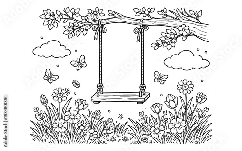 Charming hand-drawn swing hanging from a tree branch with butterflies and flowers