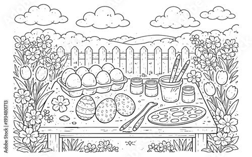 Easter egg decorating scene with flowers, eggs, paints, and brushes in a garden setting