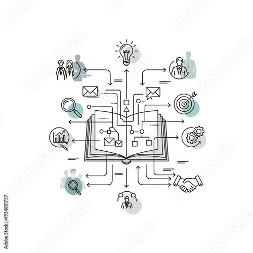 An open book with interconnected icons representing business strategy, planning, and teamwork, illustrating a comprehensive approach to project management and growth.