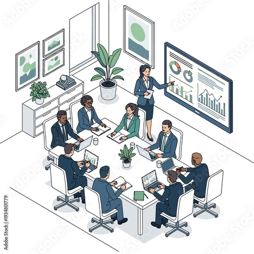 A diverse group of professionals in a modern boardroom actively participating in a business meeting, with a presenter highlighting data on a large screen.