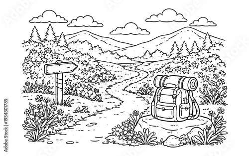 Cartoon backpack and signpost on a winding path through a scenic mountain landscape
