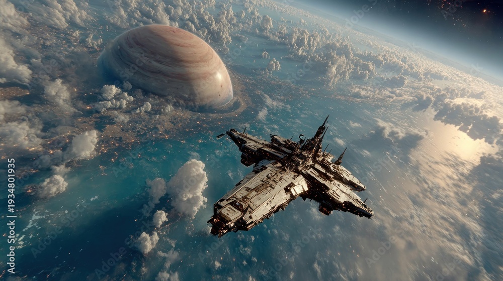 Obraz premium Spaceship journeys past Earth toward a gas giant