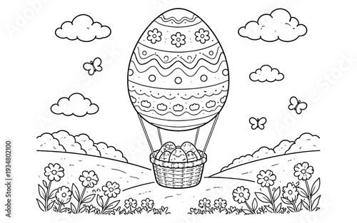 Easter egg hot air balloon with basket of eggs flying over a floral landscape