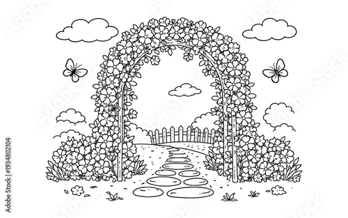 Whimsical garden archway adorned with flowers, leading to a picket fence and stepping stones