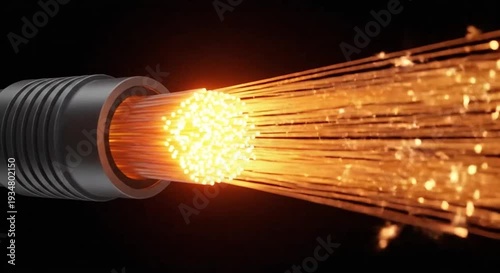 Close-up of a fiber optic cable end with bright orange light flowing through strands
