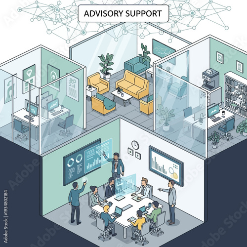 Isometric view of a modern office space with meeting rooms, individual workstations, and a collaborative advisory support area.