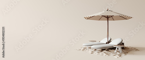 Summer vacation. Two modern deckchairs on sand beach with parasol. Summer concept design on beige background with copy space. 3D Rendering, 3D Illustration