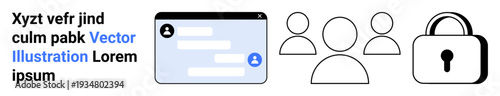 Digital security, online communication, teamwork, privacy, social media, and cybersecurity. Chat interface, user icons and a security lock. Focus on online communication and digital security