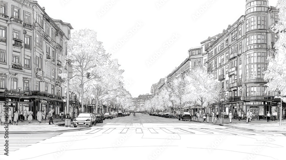 Obraz premium Detailed architectural rendering illustrates a bustling urban avenue lined with multi-story buildings and mature trees