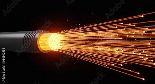 Vibrant orange light bursting from a dark cable, creating glowing strands on black