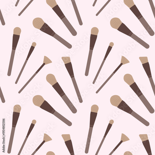 Seamless pattern, professional makeup brushes. Vector illustration. Flat style. Facial care, decorative cosmetics.