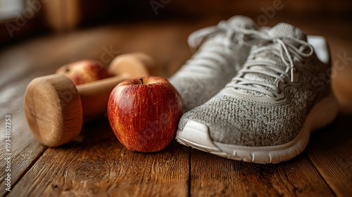 Apple and dumbbells laying with sneakers on wooden planks
