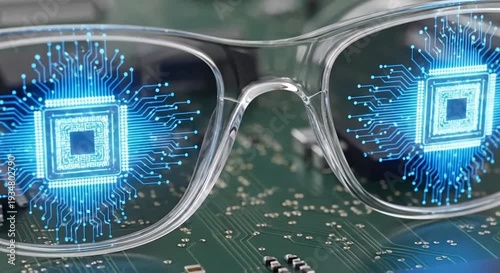 Futuristic smart glasses with AI circuit displays on lenses, resting on a circuit board